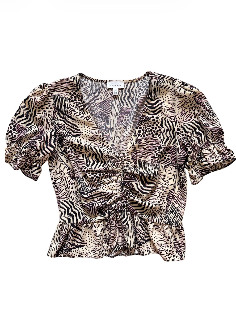 Topshop Animal Print Ruched Tie Front Peplum Blouse Puff Sleeve US 6